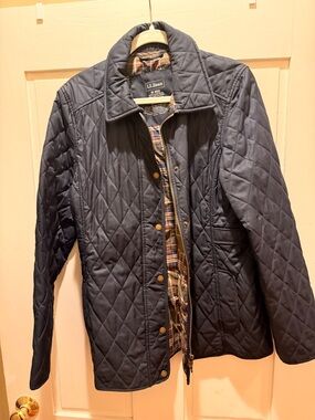 L.L.Bean Navy Diamond-Quilted Jacket with Plaid Trim